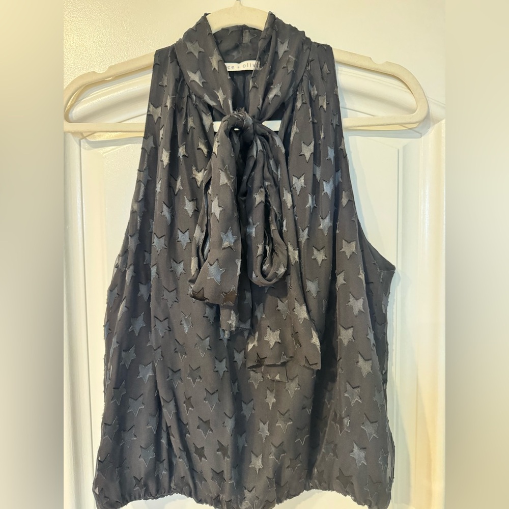 Alice + Olivia Black  Star Sleeveless Blouse with Tie Neck